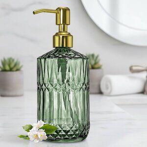 18Oz Green Glass Soap Dispenser with Gold Rust Proof Pump, Refillable
